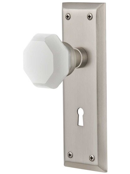 New York Mortise Lock Set with Milk White Waldorf Crystal Glass Knobs in Satin Nickel.